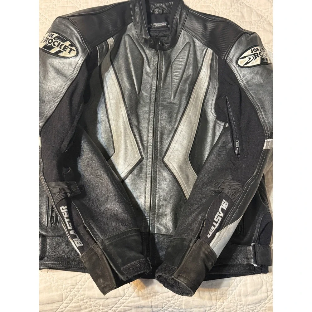 Joe Rocket Blaster Armored Leather Motorcycle Jacket Mens 46 Black Silver Racing